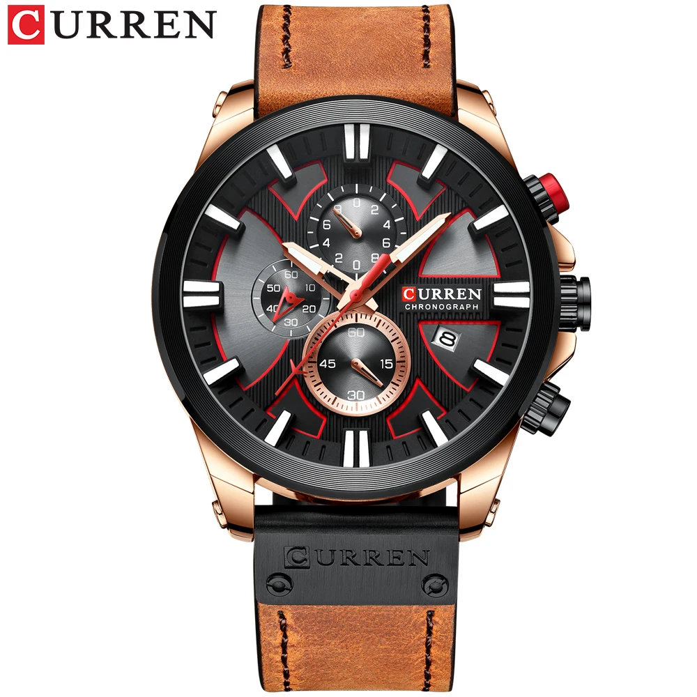 New CURREN Men Watch Top Brand Luxury Leather Quartz Clock Fashion Casual Chronograph Wristwatch Male Sport Military Watch - Цвет: brown rose black