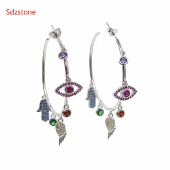 

indian Korean 40mm Hamsa Wing Eye Charm Hoop Earrings For Women Blue Eye Lucky Turkish Earring Cubic Zircon Fashion Jewelry 2019