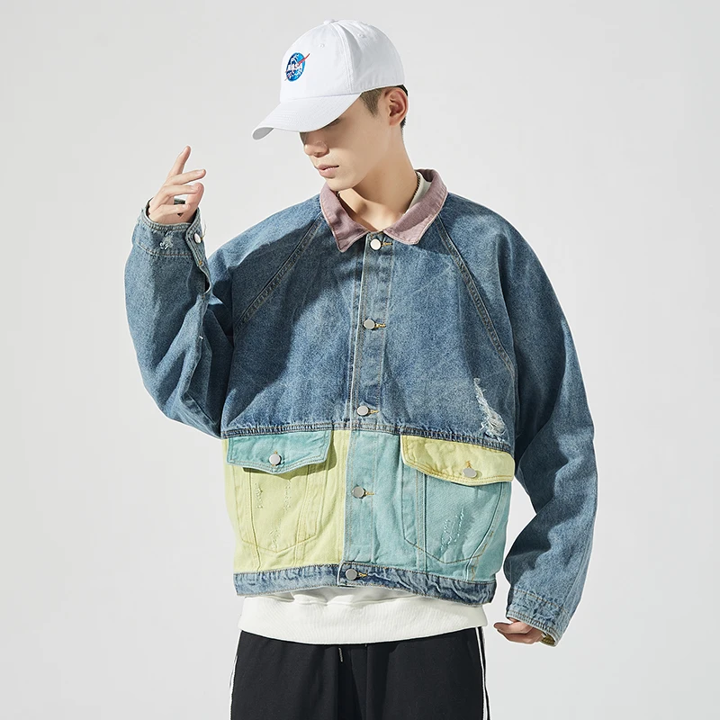 2021 New Arrival Vintage Color Patchwork Single Breasted Men's Denim Jackets Casual Turn-down Collar Outerwear Coats