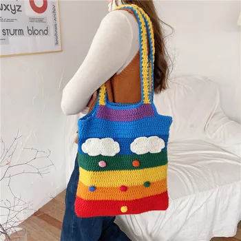 

Fashion Knitting Hollow Out Bag Women Casual Large Capcity Wool Shoulder Bags Rainbow weave Handbags For Ladies Shopping Bags