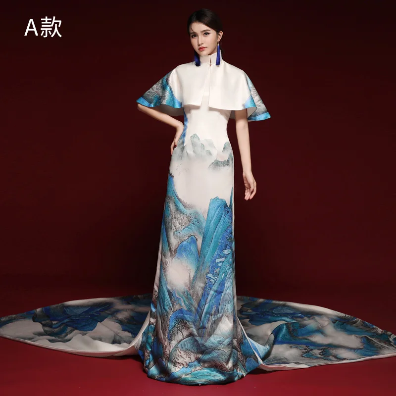 Новое шоу на сцене Длинные Cheongsam современный Nation Wind/хост Qi Pao Для женщин Восточный вечернее китайское платье-Ципао Chinoise белый наряд со шлейфом платье - Цвет: Section A)