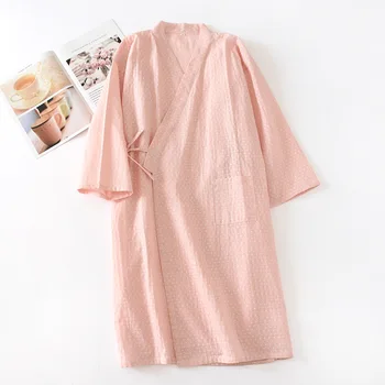 

Japanese Yukata Kimono Bathrobe Gown Dressing Women's Cotton Gauze Sleepwear Sweat Steam Home Wear Pink Nightdress Nightgown