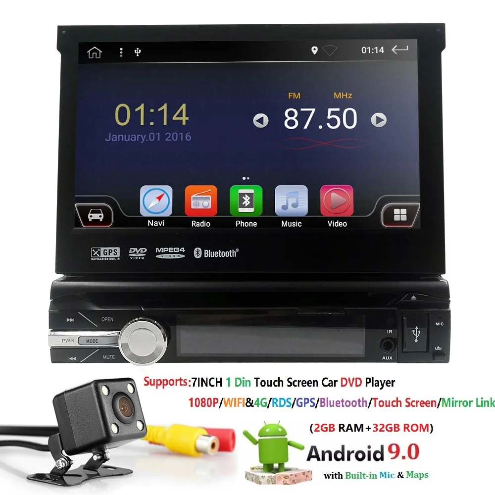 

2G+32G 1 Din Android 9.0 QuadCore Car DVD Player For Universal GPS Navigation Stereo Radio Audio USB SWC DVR RDS DVBT OBD2 TPMS