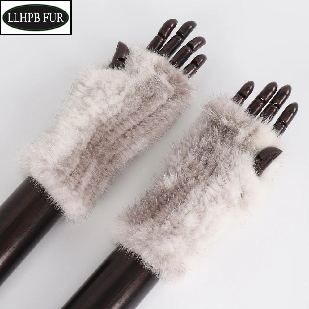 Lady Winter Real Mink Fur Gloves Hand Knitted Real Mink Fur Fingerless Gloves Women Warm Strong