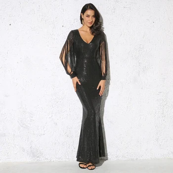 

Black Sequined Tassel Sleeve Maxi Dress Stretch V Neck Bodycon Hollow Out Autumn Long Dress