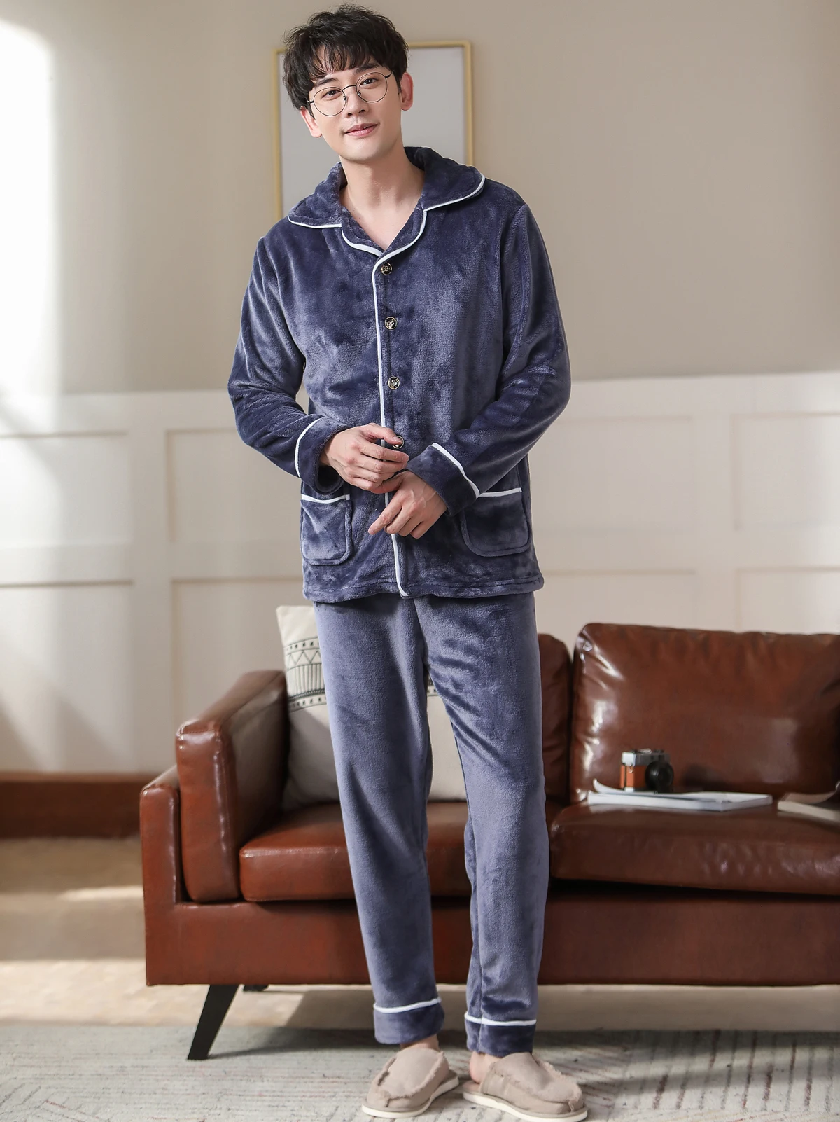 mens lounge wear Men's Winter Thicken Flannel Pajamas Sets Male Long Sleeve Pajamas Plus Size Pijama Sleepwear Homewear Teenager Casual Pyjamas plaid pajama pants Men's Sleep & Lounge