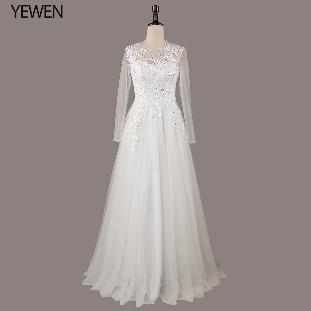 Lange Mouwen Jurk 2019 Strand Bruidsjurk Tulle Kant Applicaties Trouwjurken Wit/Lvory Romantische Knoppen Lange Mouwen Jurk 2019 Strand Bruidsjurk Tulle Kant Applicaties Trouwjurken Wit/Lvory Romantische Knoppen