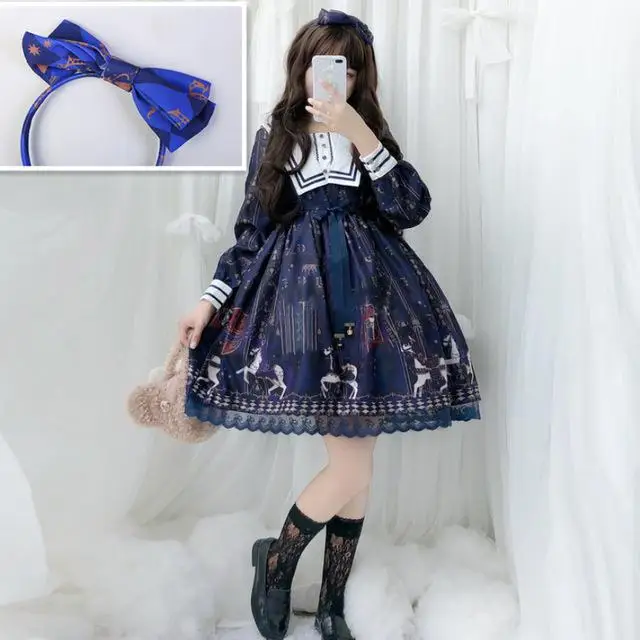 Платье Лолиты в японском стиле для девочек; цвет синий; матросский воротник; Kawaii; милый костюм принцессы с принтом карусели для девочек; JSK; платье; Любой Размер - Цвет: Blue long-headwear