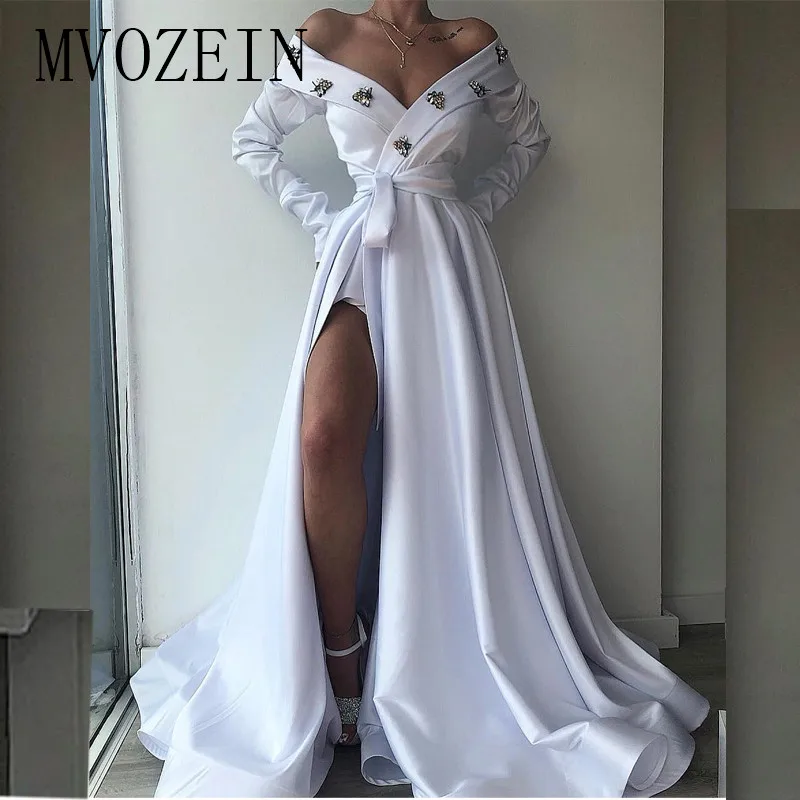 Vestidos белое вечернее платье с открытыми плечами, атласные вечерние платья трапециевидной формы, Длинные вечерние платья в пол