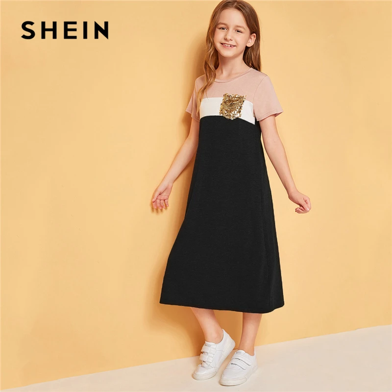 SHEIN/длинное платье-туника с блестками и карманами для девочек; коллекция года; сезон лето; детская повседневная футболка с короткими рукавами