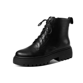 

Vintage Genuine Leather Winter Boots Platform Cross Tied Fashion Chunky Heels Pumps 2020 Office Lady Basic Shoes Woman