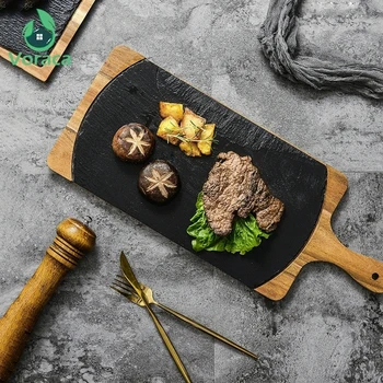 

Natural Slate Western Dinner Plate Solid Wooden Tray Japanese Sushi Pizza Dish Household Steak Plates Restaurant Serving Trays