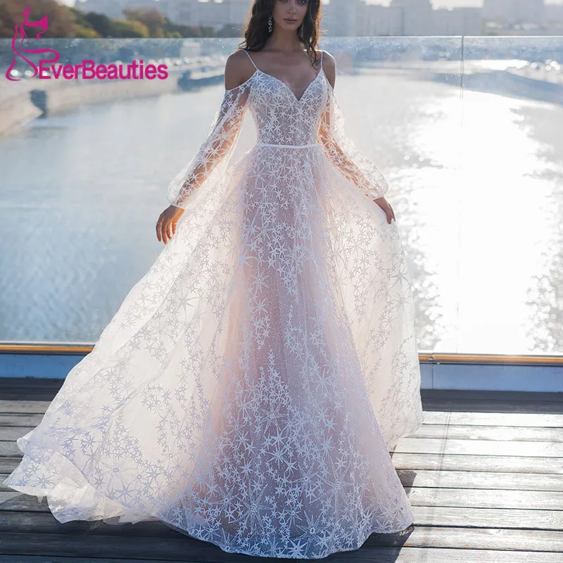 

Elegant Star Appliques Chic Wedding Dress 2019 Spaghetti Straps A-line Boho Bridal Dress