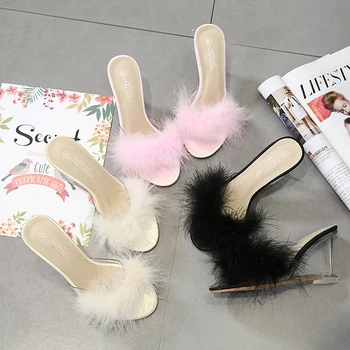 

Fashion Feather High Heel Sandals Women Summer Crystal Heel Shoes 3color Female Fur Wedges Transparent Heel Slippers TWS092