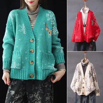 

High Women Long Sleeve Cardigan Cartoon Deer Snowflake Embroidery Sweater Button Down Outwear DSM
