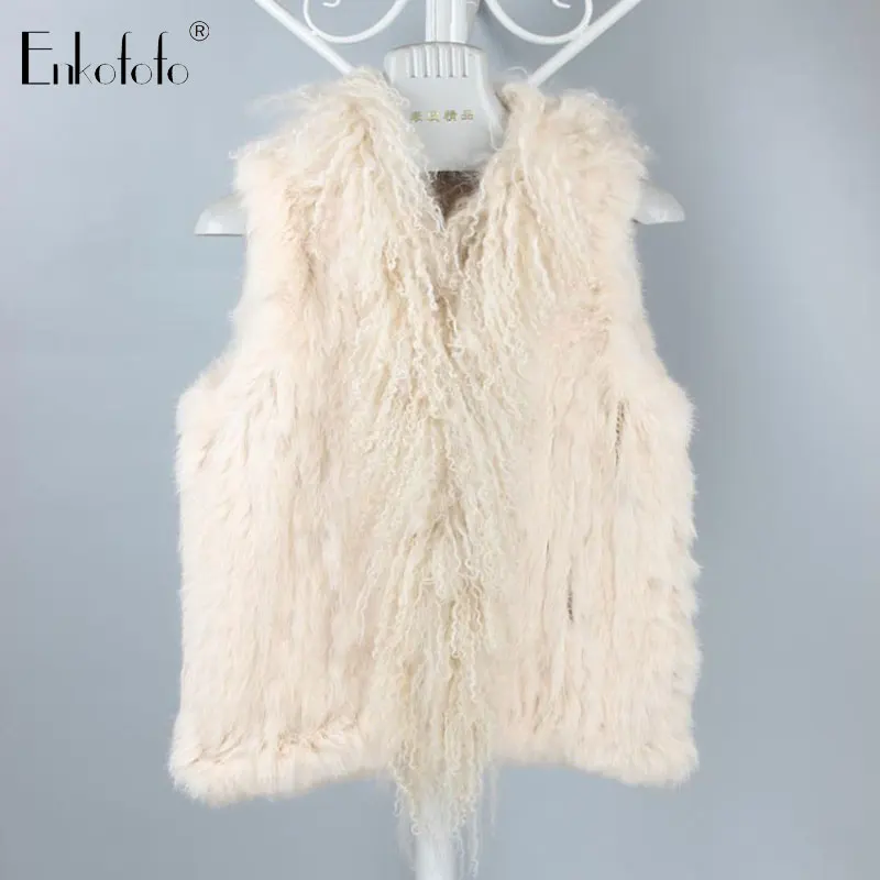 

Natural Knitted Rabbit Fur Vest Women Gilet Mongolia Sheep Fur Collar Waistcoat Winter Autumn Jacket Vests Real Fur Coat