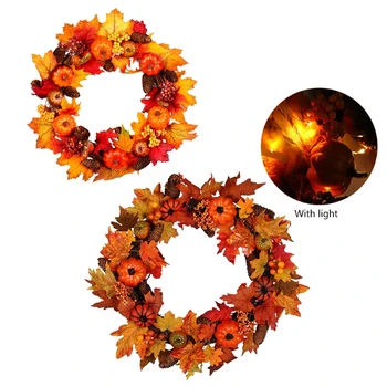 

45/60cm Artificial Pumpkin Maple Leaf Wreath Light Wall Window Door Halloween 11UA