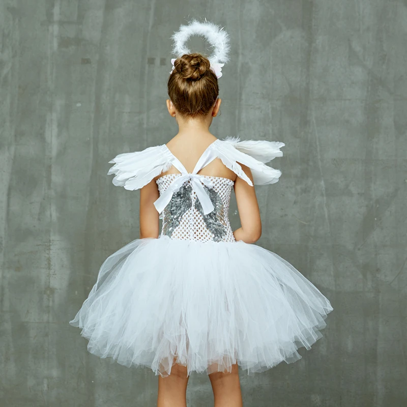 Girls White Heavenly Angel Tutu Dress with Halo & Sequin Angel Wings Back Children Halloween Fancy Dress Up Christmas Costume (1)
