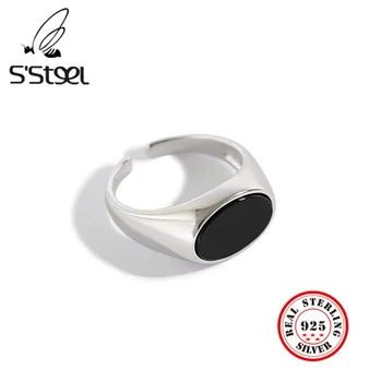 

S'STEEL Korean Ring 925 Sterling Silver For Women Geometric Oval Black Onyx Ring Anillo De Plata De Ley 925 Mujer Fine Jewelry