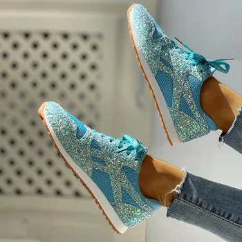 

Women Flat Glitter Sneakers Casual Bling Vulcanized Shoes Female Mesh Lace Up Platform Comfort Plus Size Fashion Ladies Autumn