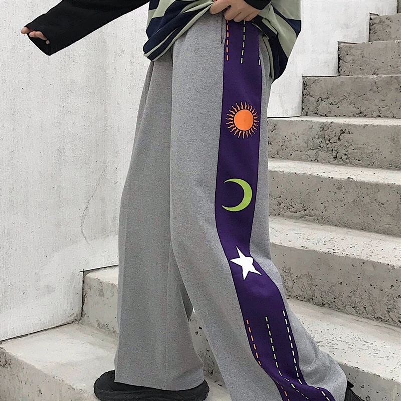 Harajuku граффити Графический контрастный принт эластичный высокая талия уличная свободные прямые брюки корейский модный спортивный костюм для женщин Забавный