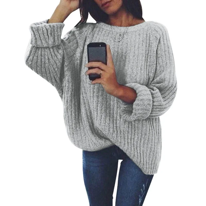 CALOFE, трендовые женские свитера с длинным рукавом, женская уличная одежда, круглый вырез, длинный рукав, пуловеры, свободные одноцветные свитера - Цвет: gray