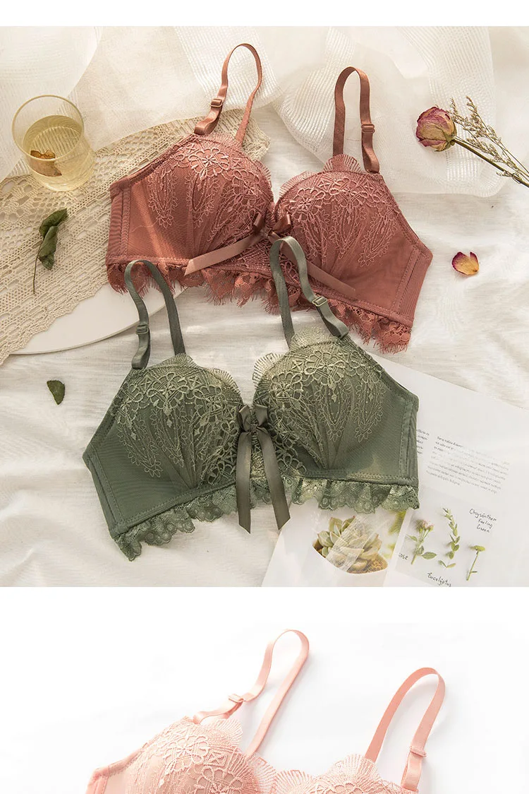Roseheart Winter Women Fashion Green Padded Lace Trim Straps Bras Cotton Panties Push Up Bra Set Sexy Lingerie Set Underwear