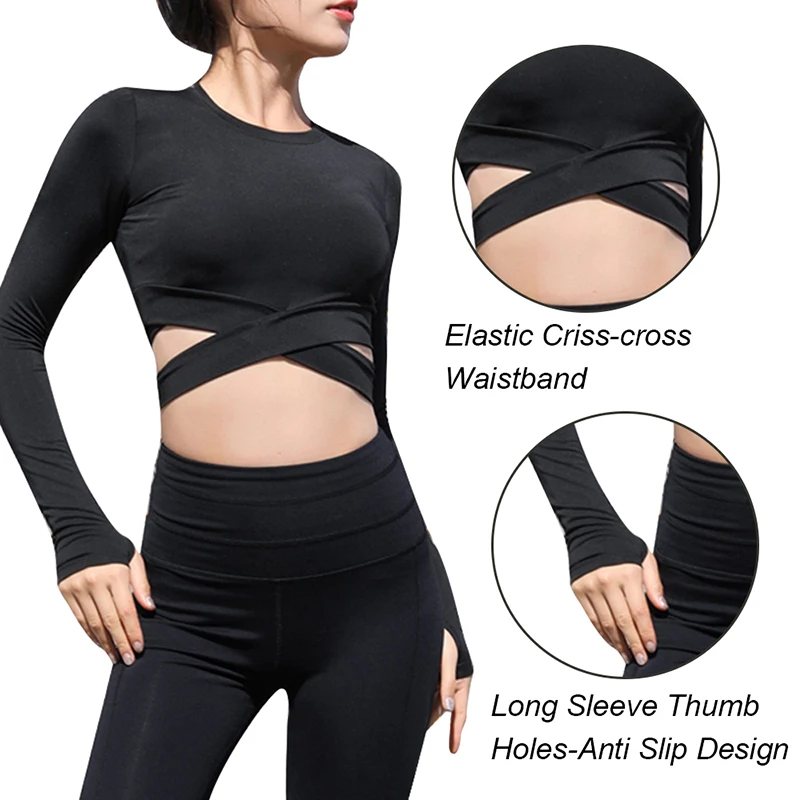 Women Sleeve Running Shirts Sexy Exposed Navel Yoga T-shirts Solid Sports Shirts Quick Dry Fitness Gym Crop Tops Sport Wear 2021