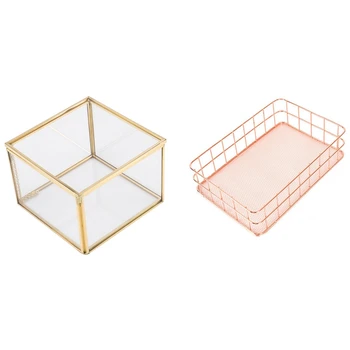 

Rose Gold Metal Iron Storage Basket Combination Holder & Square Opening Glass Geometry Garden Jewelry Boxes