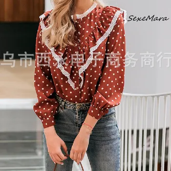 

2020 Spring Casual Women Dot Blouses Fashion Ruffles O-neck Lantern Sleeves Women Shirts