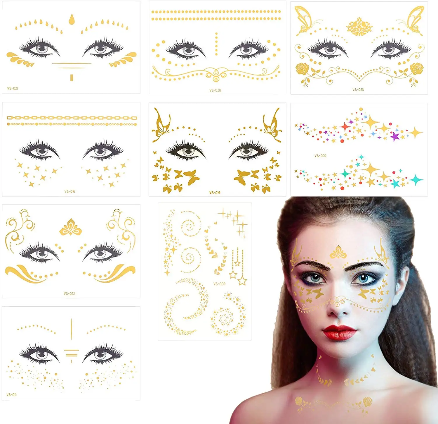 9Sheets Gold Glitter Face Temporary Tattoo Metallic Shiny Forehead Body