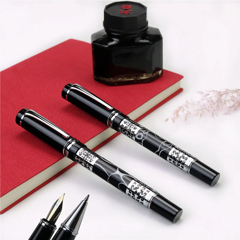 

Black line pattern hollow carved fountain pen F tip luxury metal roller pen Student office free engraving name