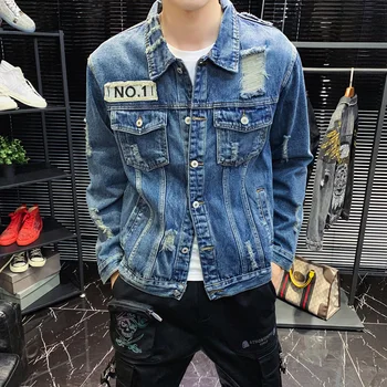 

Casual Men's Letters Patch Denim Jacket Slim Fit Hole Jean Hip Hop Bomber Jacket Harajuku Streetwear Outerwear Chaqueta Hombre