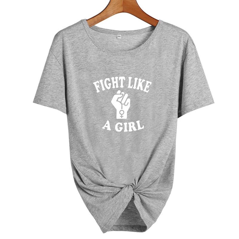 Футболка Fight Like A Girl, женская одежда, новинка, Tumblr, футболка с феминистским принтом, Футболка Harajuku power Sign, графическая футболка, топы - Цвет: gray-white
