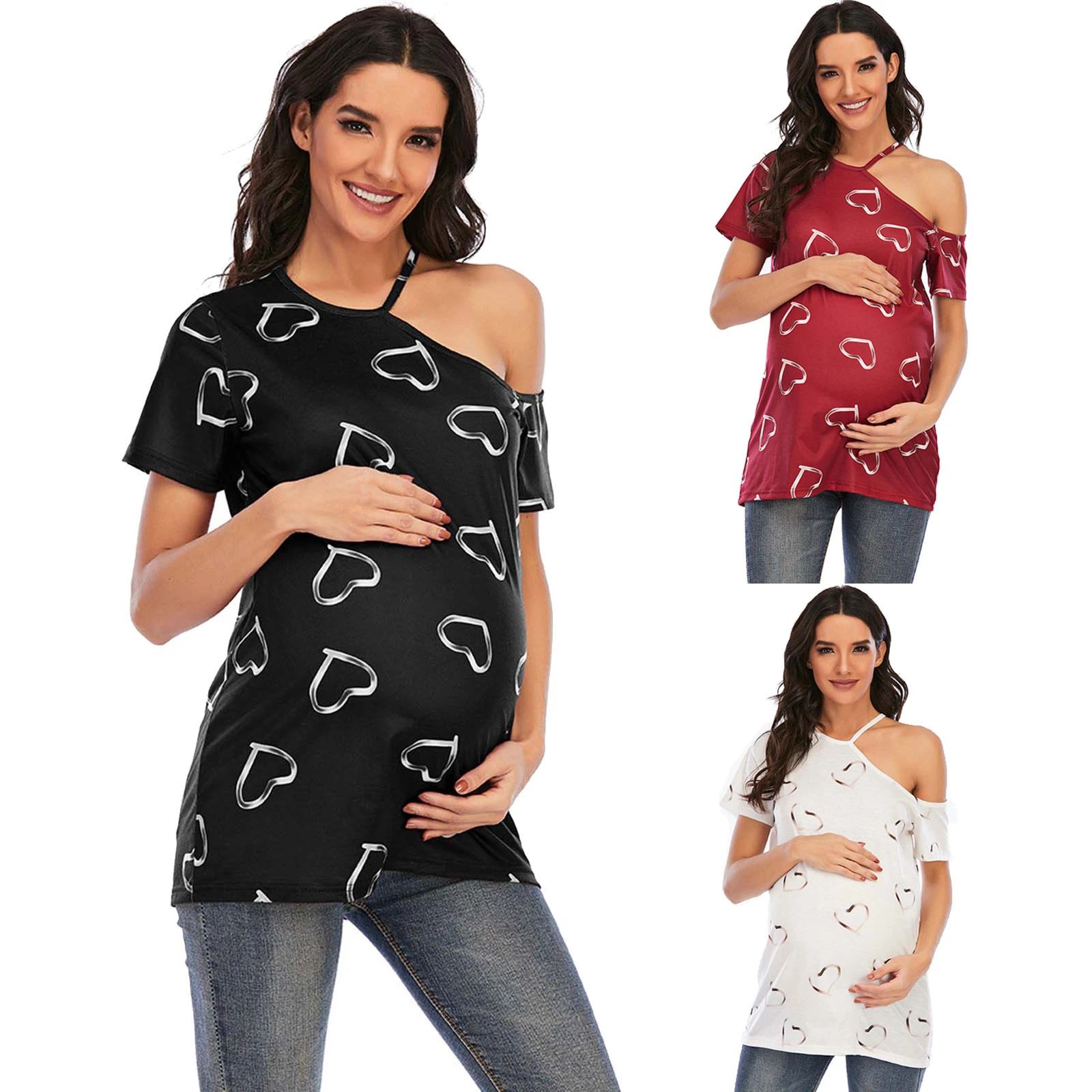 Camiseta estampada con hombros descubiertos para mujer, Ropa de maternidad de talla grande, Ropa para Embarazadas| - AliExpress