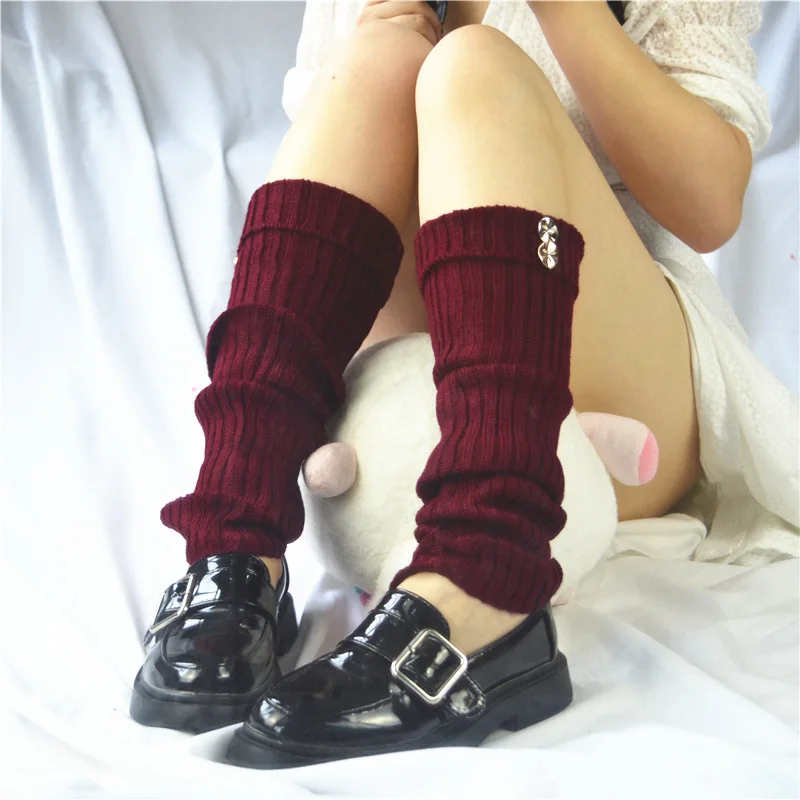 Women Solid Knitted Ribbed Leg Warmers with Buttons Girls Knee High Winter Warm Socks Charcoal Red White Boot |
