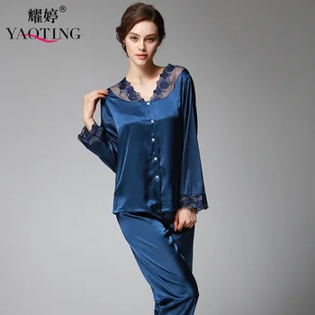 

YAO TING 2019 Women pajamas two-piece long sleeve pants Lace decoration silk cloth leisure homewear v-neck design nightgown