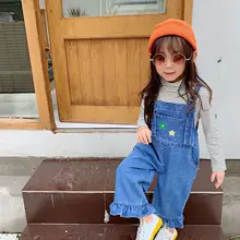 WLG/Одежда для девочек; сезон весна-осень; джинсовый синий комбинезон с цветочной вышивкой; повседневная одежда для малышей