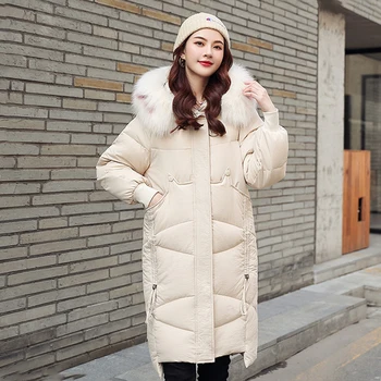 

Korean Style Women's Winter Jacket 2020 Long Parkas Woman Hooded With Fur Collar Solid Loose Zipper Thick Overcoat Female Coats