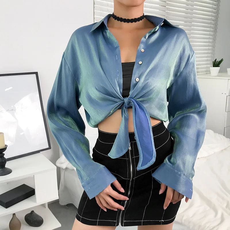 

Glitter Stain Long Sleeve Bandage Crop Top Tshirt Women Korean Casual Streetwear Loose Cropped Tee Shirt Autumn Elegant Top