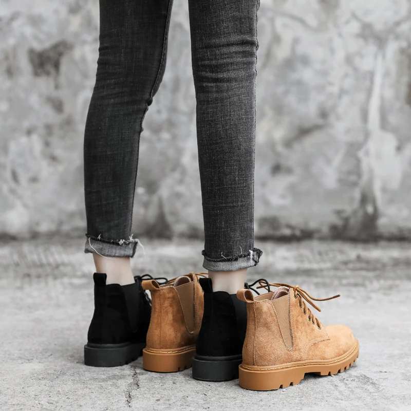 [DEAT] Round Toe Bandage Matte Leather Single Casual Thick Bottom Women Short Boots New Autumn Winter Fashion Tide 10E945