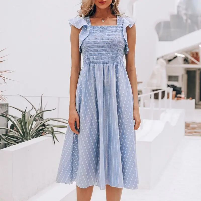 

Pastoral Vintage Womens Sleeveless Ruffles Midi Long Swing Dress Striped Elastic Shirred Empire Waist Vacation Beach BX0A