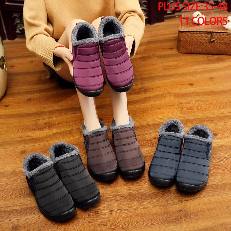 

KHTAA 2019 Winter Women Snow Boots Warmer Shoes Flat Unisex Ankle Boots Female Slip On Furry Fur Plus Size Plush Couple Cotton