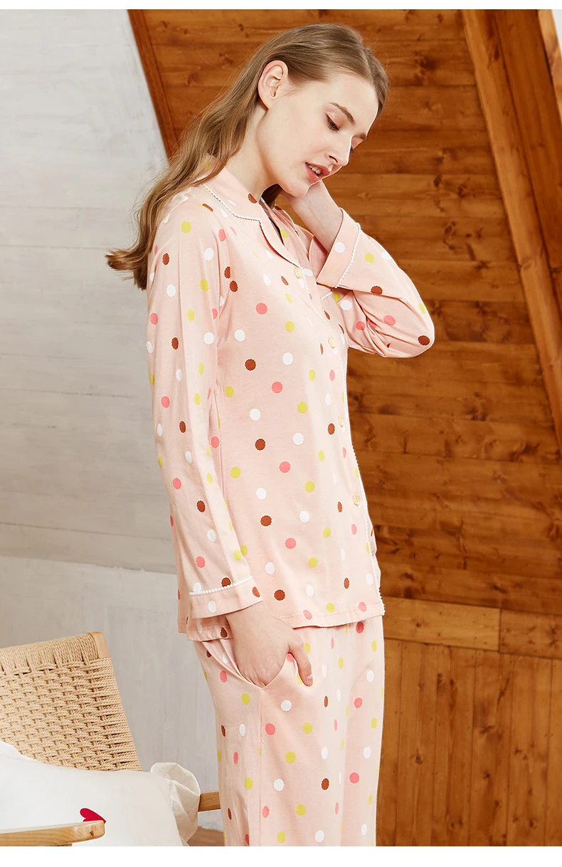Женская хлопковая Домашняя одежда с принтом, Милая пижама в горошек, комплект, осенние женские пижамы, пижамы, женские пижамы, женская