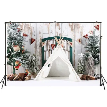 

HUAYI Christmas Trees White Tent With Retro wooden Wall Background Backdrop For Baby Shower Photo Booth Prop Banners W-4330