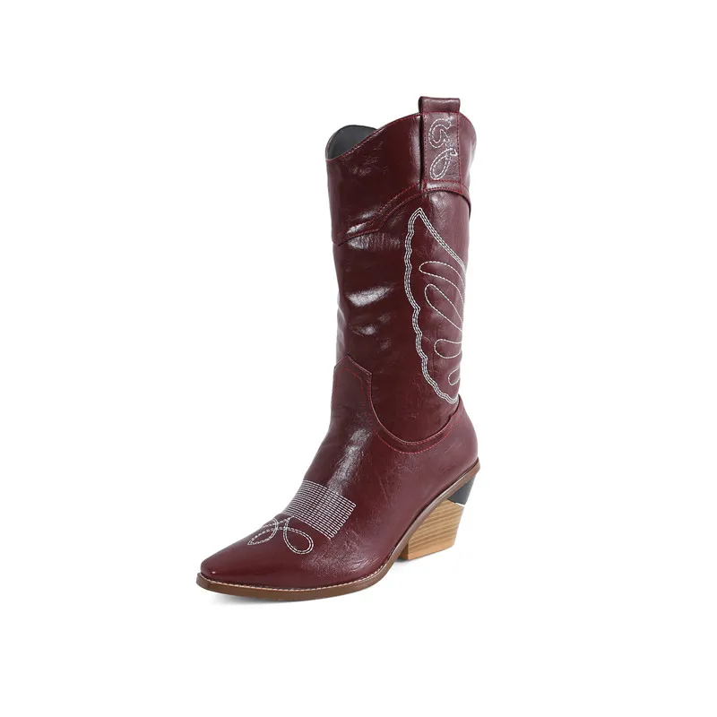 Smirnova new hot autumn winter boots for female slip on dress shoes women mid calf boots sexy ladies high heels boots - Цвет: wine red