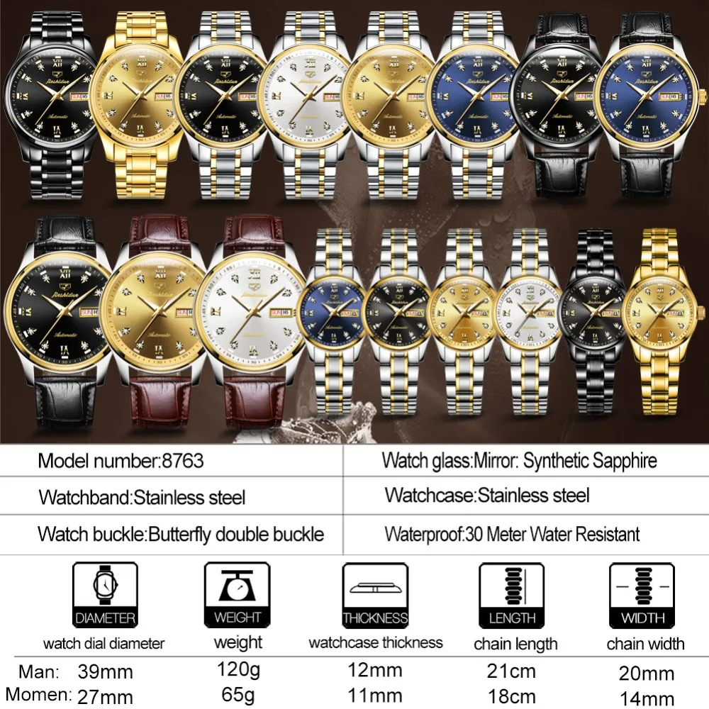 JSDUN синий циферблат Самовзводные beweging высокое качество Luxe Koppels Horloge Lichtgevende водонепроницаемый механические часы