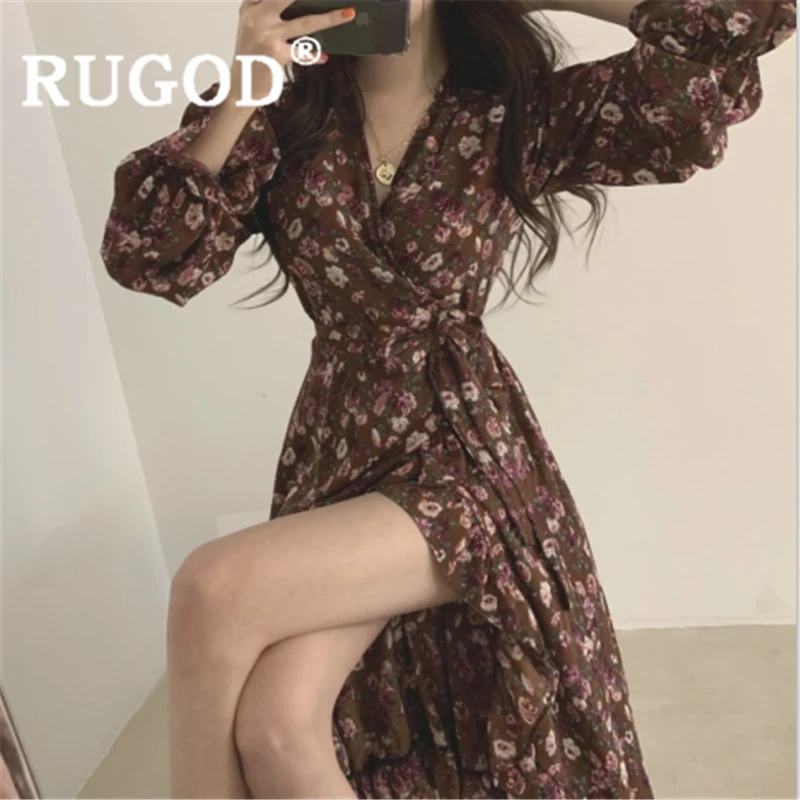 RUGOD женское платье с цветочным узором, v-образный вырез, рукава-фонарики с оборками, шнуровка, Имперское длинное платье, новое осеннее Модное Элегантное сексуальное платье
