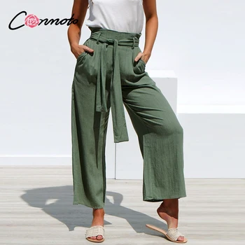

Conmoto summer beach casual pants solid ruffles bow tie high waist pants pants