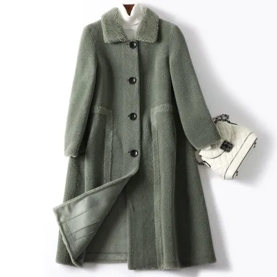 Dark green Winter Coat Women Korean Long Granule Sheep shearing Fur coat High quality Single-breasted Loose Warm Women Fur Jacket Overcoat - Цвет: Dark green